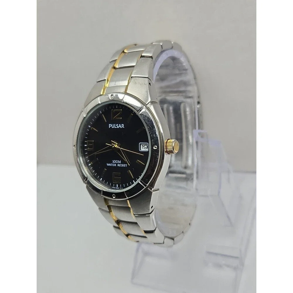Pulsar by Seiko Mens 38mm Two Tone Date 100M Stainless Steel Watch New Battery